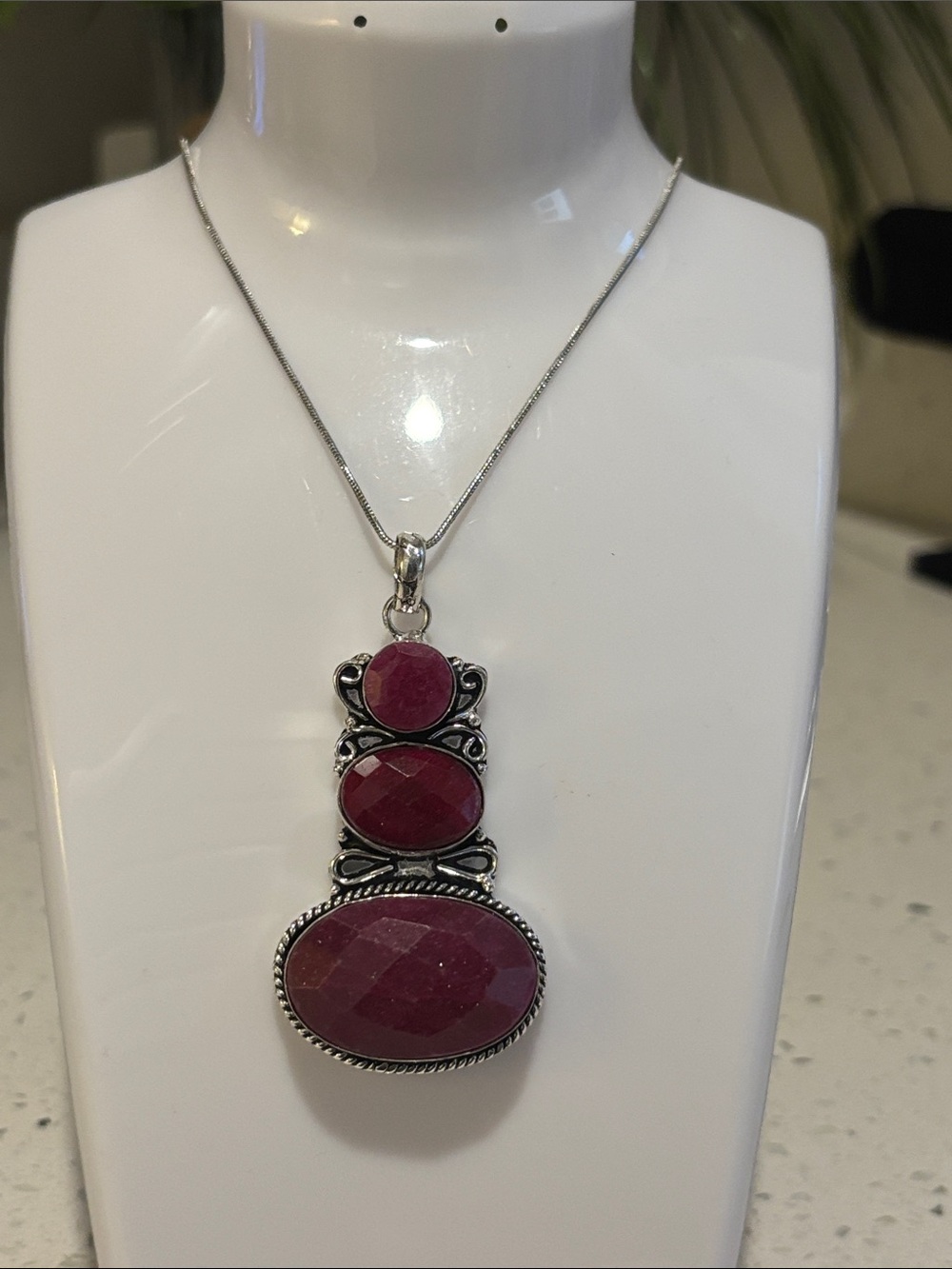 Sterling Silver Triple Stone Simulated Garnet Gemstone Pendant Necklace